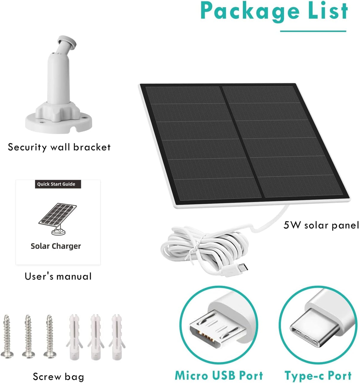 Solar Panel for Rechargeable Battery Security Camera, IP65 Waterproof, Micro USB, 360° Adjustable Wall Mounting Bracket S122