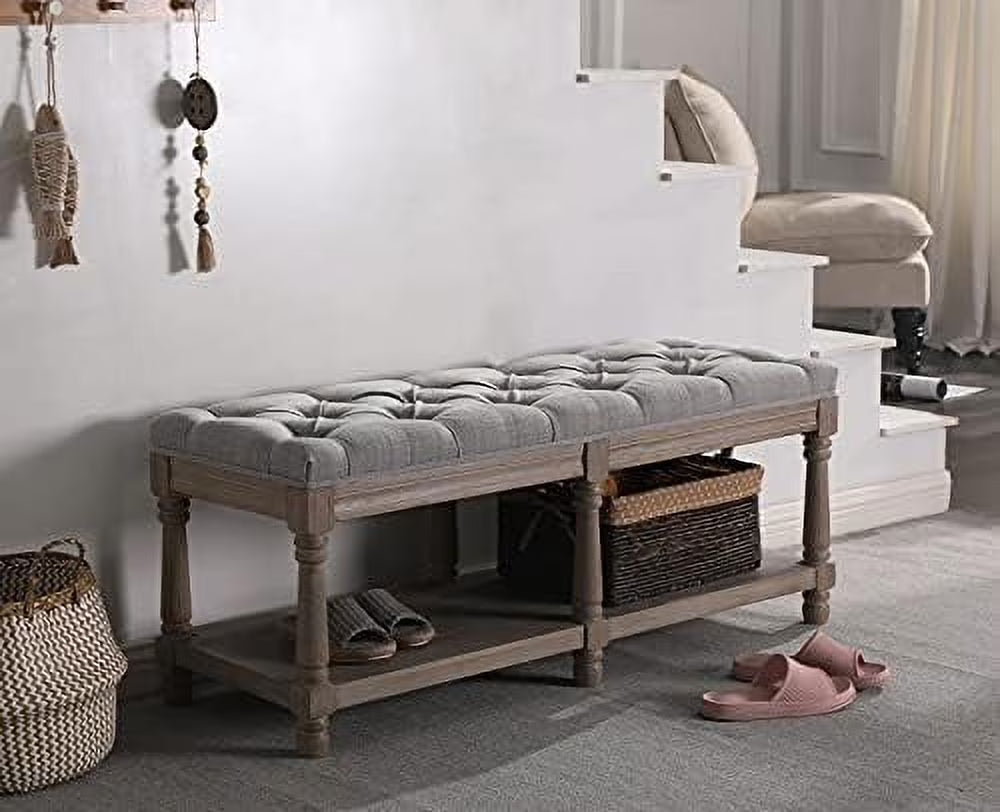 Gray Tufted Wood Entryway Bench U782626
