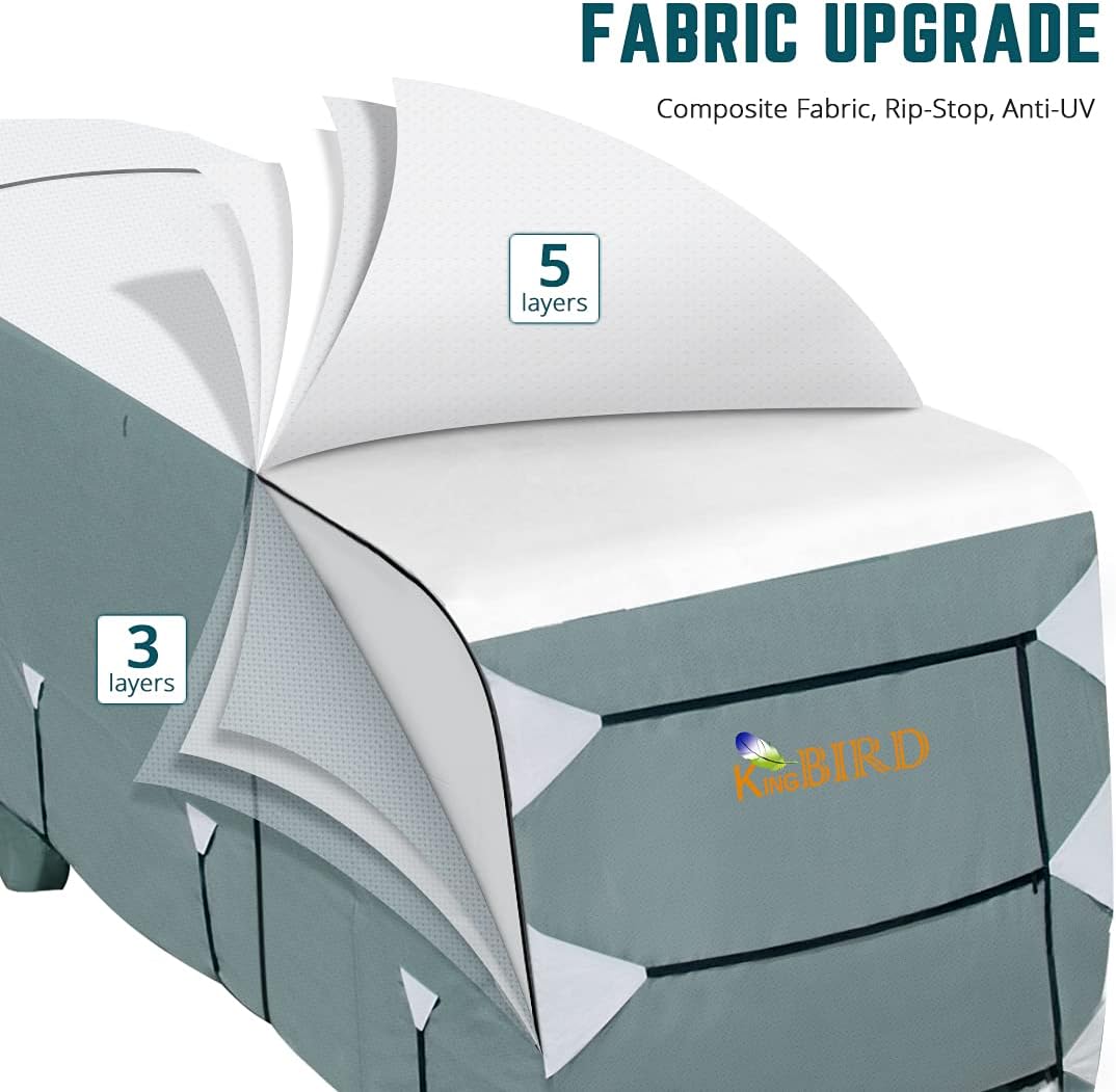 5th Wheel RV Cover, Extra-Thick 5 Layers Anti-UV Top Panel, Fits 37'-41' Motorhome with 2Pcs Extra Straps & 4 Tire Covers C544