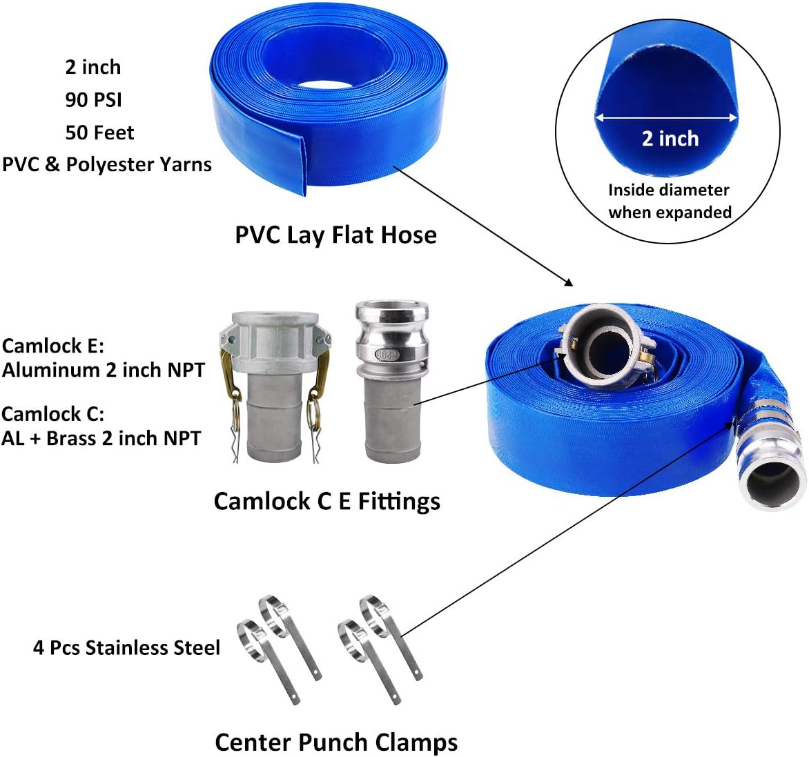 2 x 50' Blue PVC Lay-Flat Discharge Hose with Camlock Fittings A85731