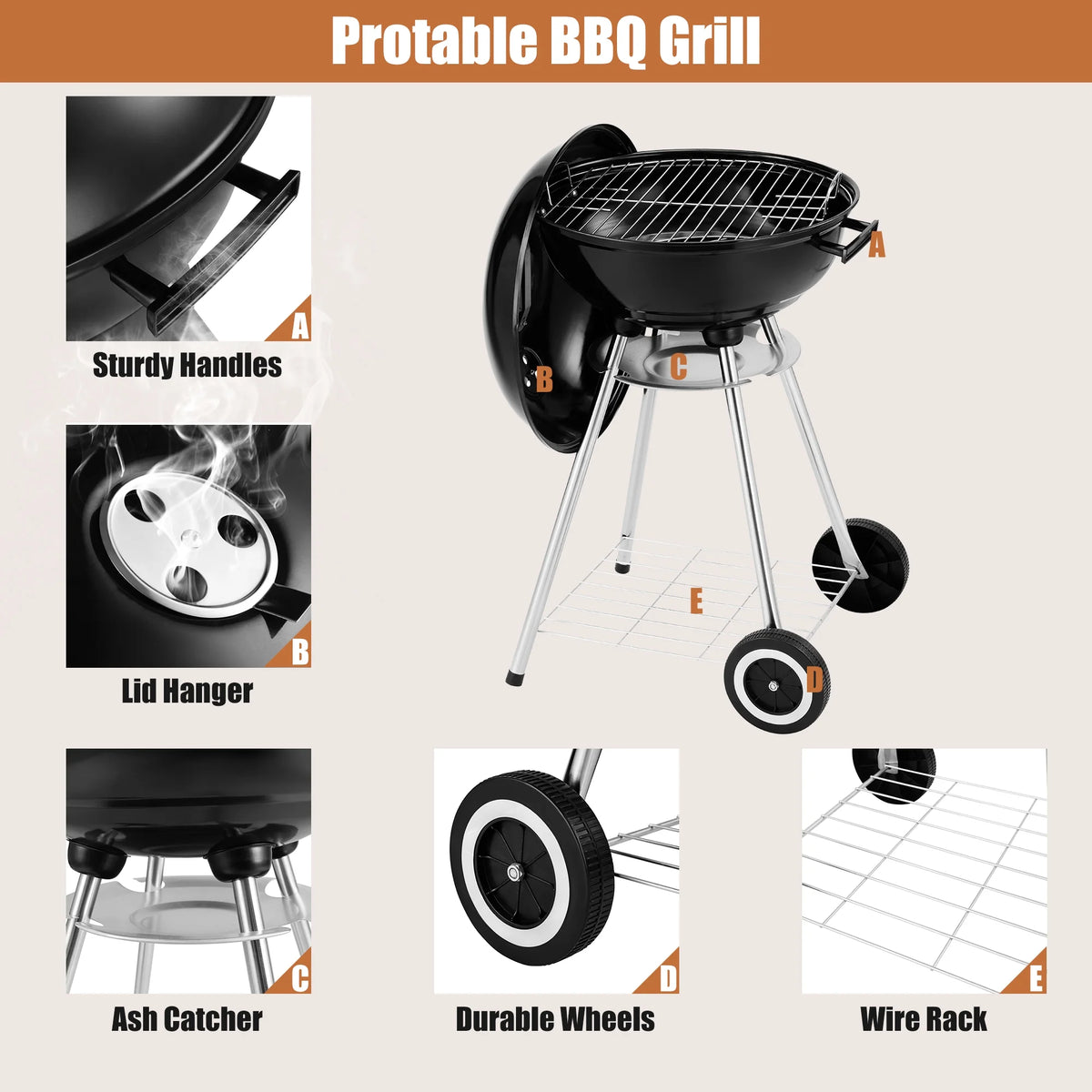 18 Inch Portable Charcoal Grill with Wheels M738910