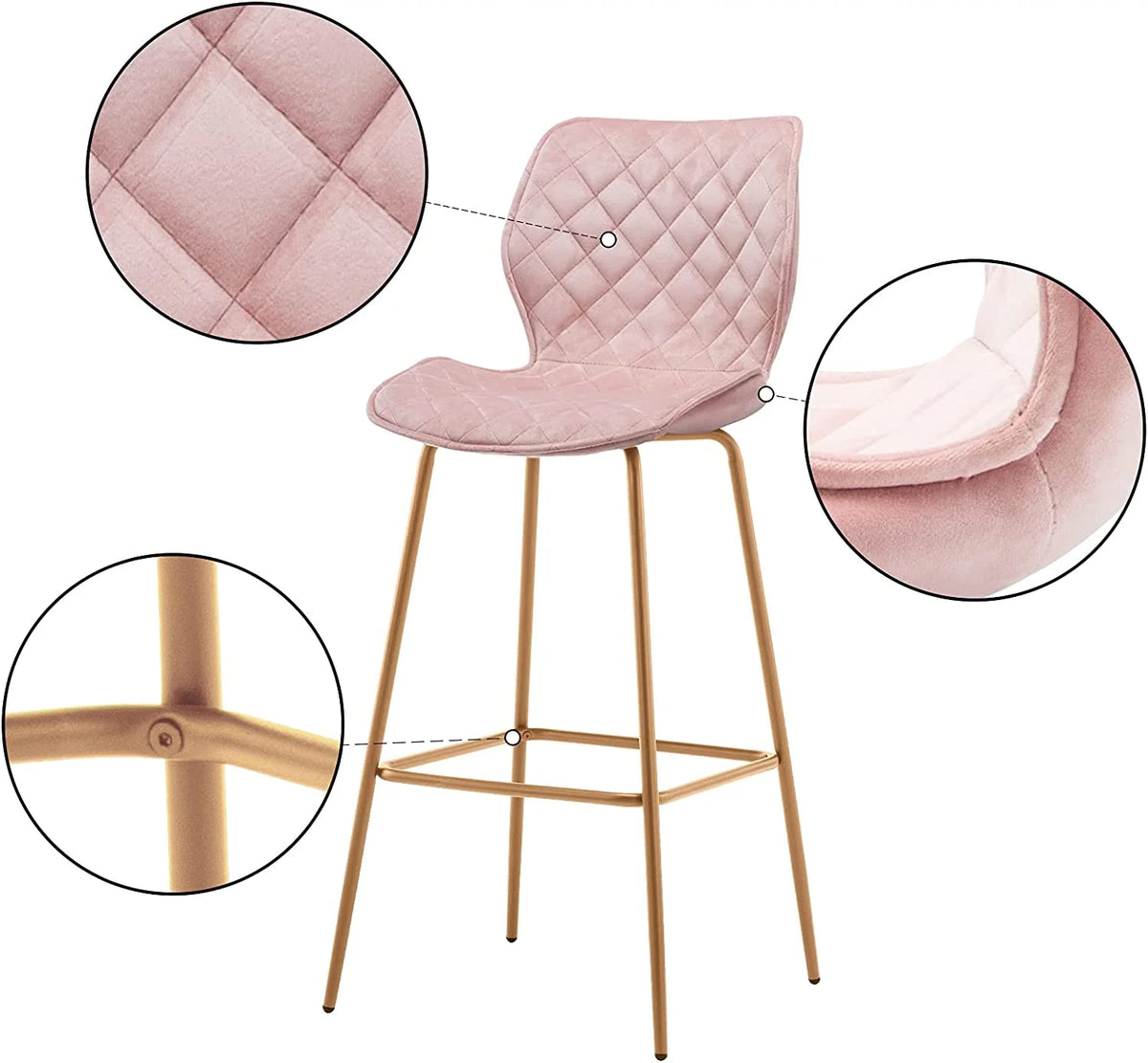 Velvet Bar Stool with Back Set of 2, Gold Metal Legs, Salmon Pink C415