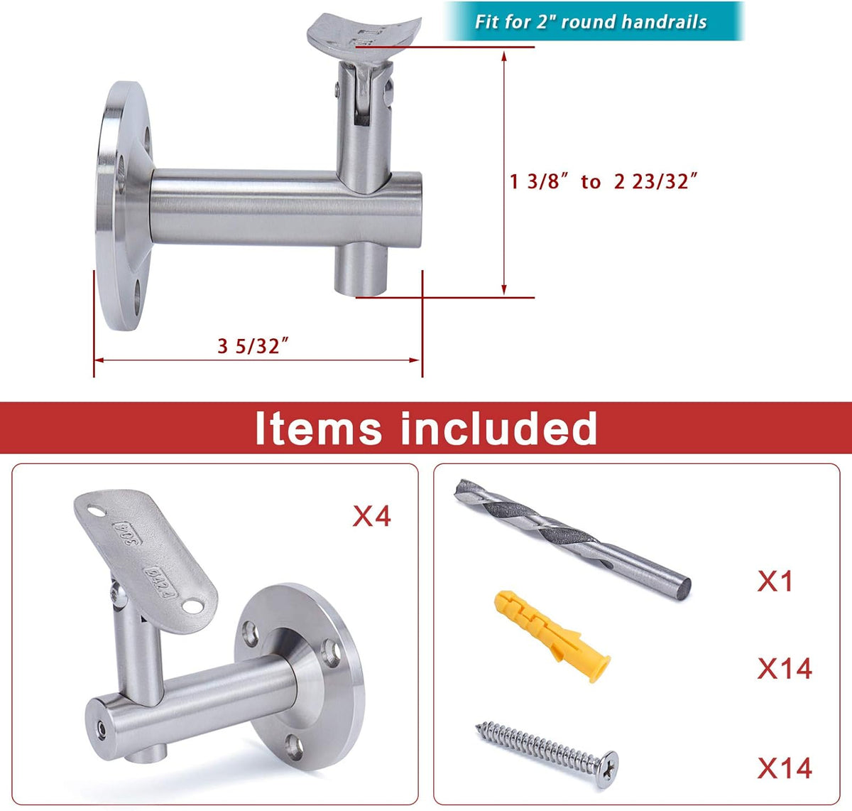 Adjustable Heavy Duty Brushed Stainless Steel Handrail Brackets V4562
