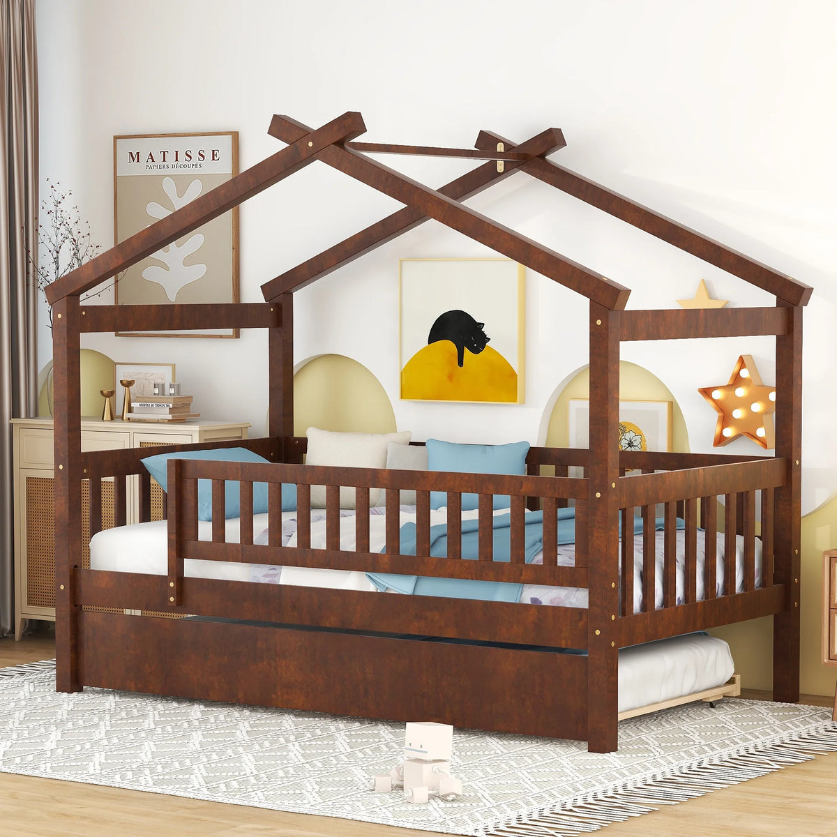 Twin-Size Wooden House-Shaped Bed with Trundle N8496