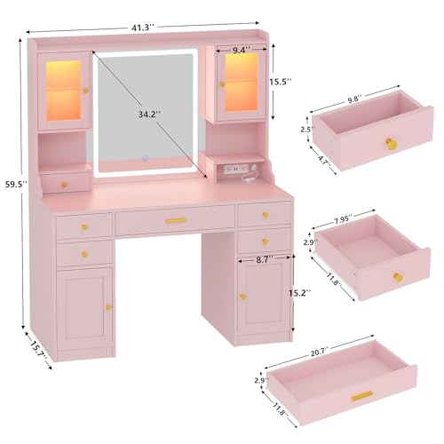 White Makeup Vanity Desk with Mirror and Lights, Large Vanity Table Set with Charging Station, Dressing Table with RGB Cabinets, 3 LED Lights Modes Y6151