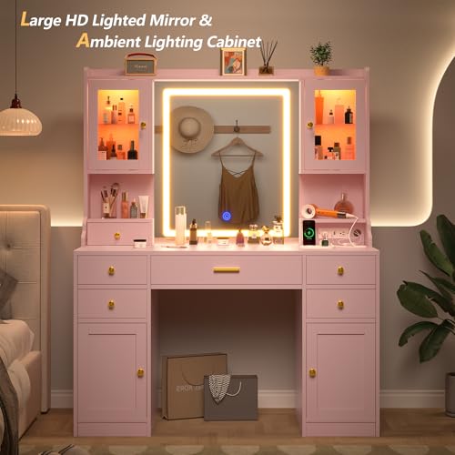 White Makeup Vanity Desk with Mirror and Lights, Large Vanity Table Set with Charging Station, Dressing Table with RGB Cabinets, 3 LED Lights Modes Y6151