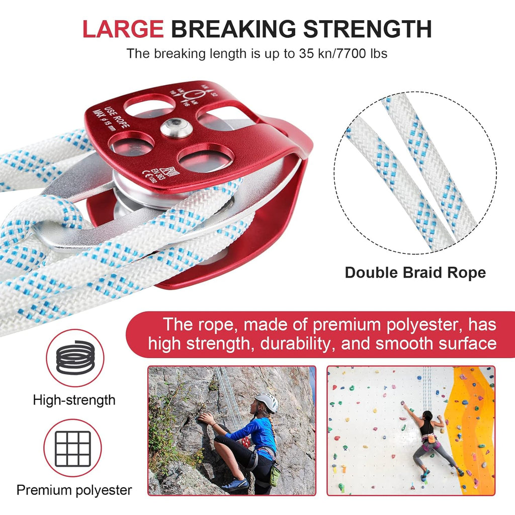 Twin Sheave Block and Tackle with Braid Rope 150Ft 30-35KN Capacity Double Pulley Rigging Rope J7042