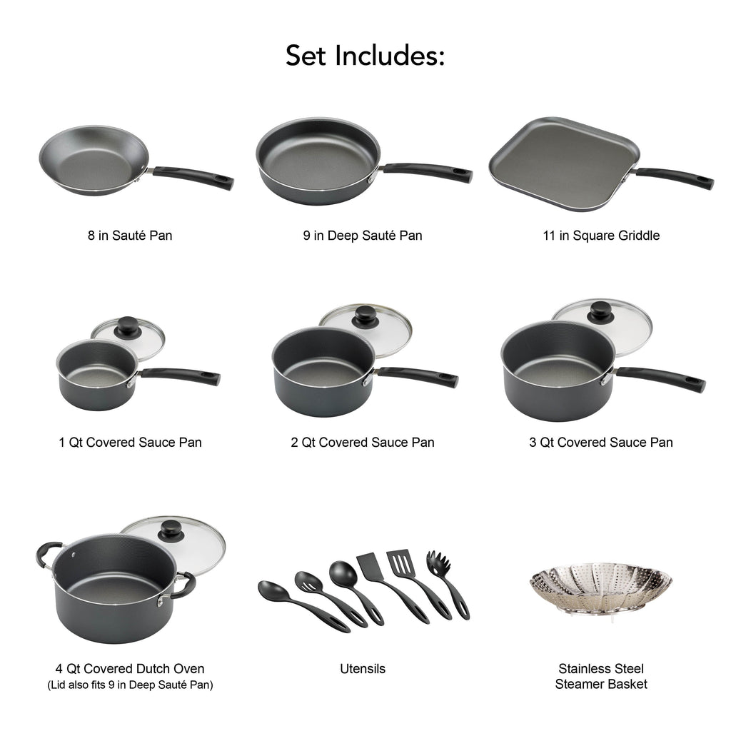 18 Piece Non-stick Cookware Set, Steel Gray X20825