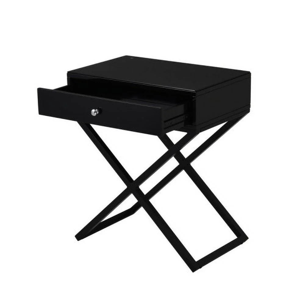 Black Wooden End Side Table Nightstand with Glass Top and Drawer B715958