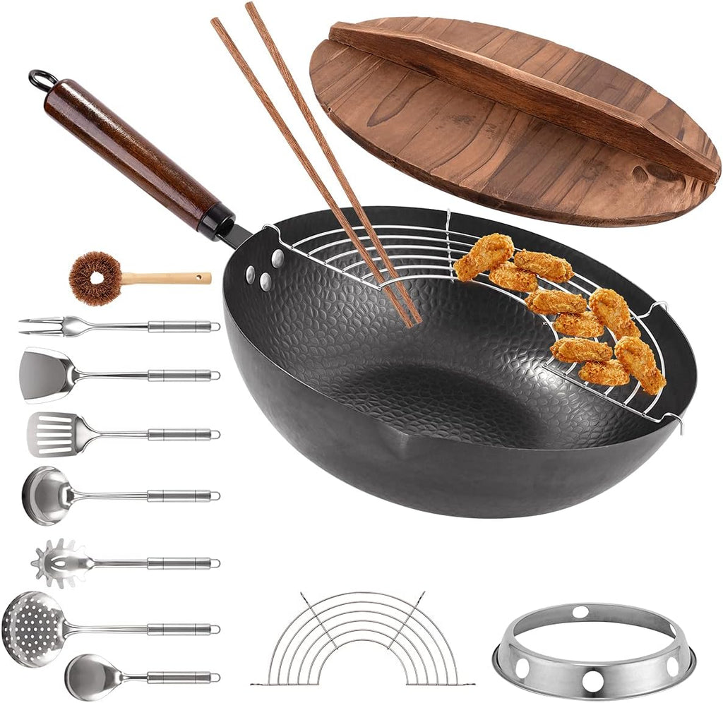 13 PCS Carbon Steel Wok Set with Wooden Lid & Utensils I222551