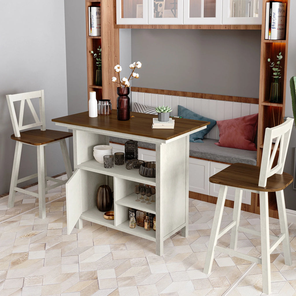 3-Piece Counter Height Wooden Dining Table Set with Storage Cabinet Y1737