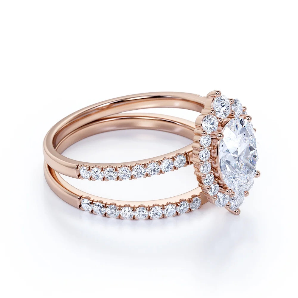 Vintage Oval Cut Real Diamond Pave Wedding Ring Set in 10k Rose Gold L798