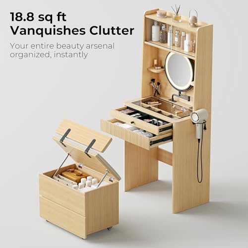 Oak Vanity Desk with Adjustable Mirror and LED Lights E7176