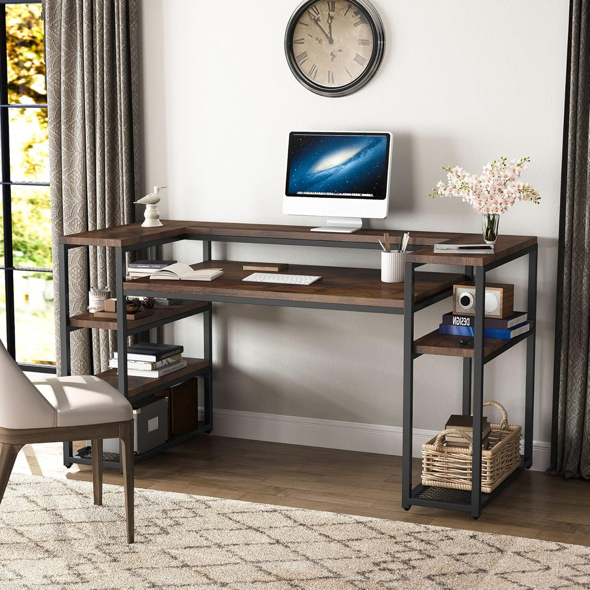 63 inch Computer Desk with Open Storage Shelves, Monitor Shelf & CPU Stand, Rustic Brown Y9491