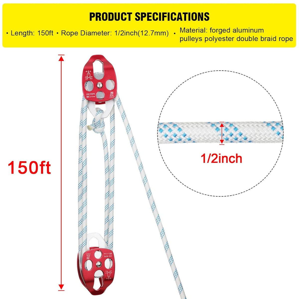 Twin Sheave Block and Tackle with Braid Rope 150Ft 30-35KN Capacity Double Pulley Rigging Rope J7042