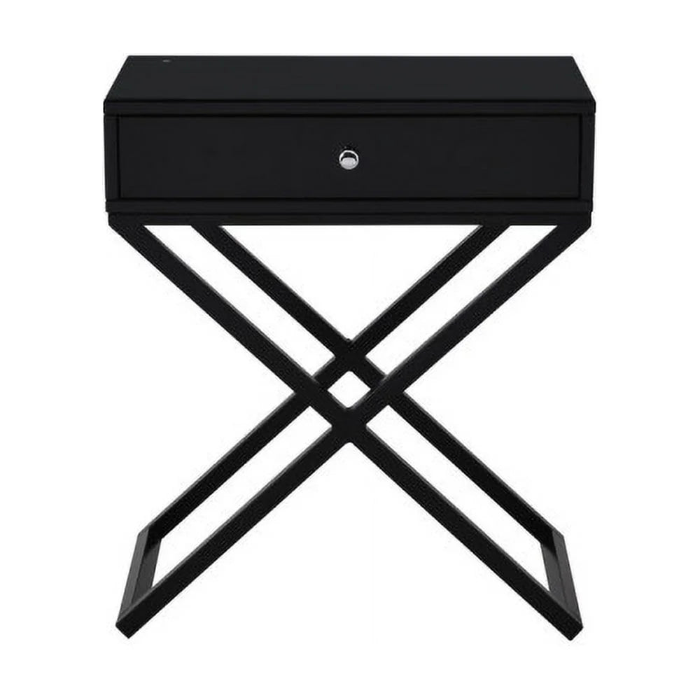 Black Wooden End Side Table Nightstand with Glass Top and Drawer B715958