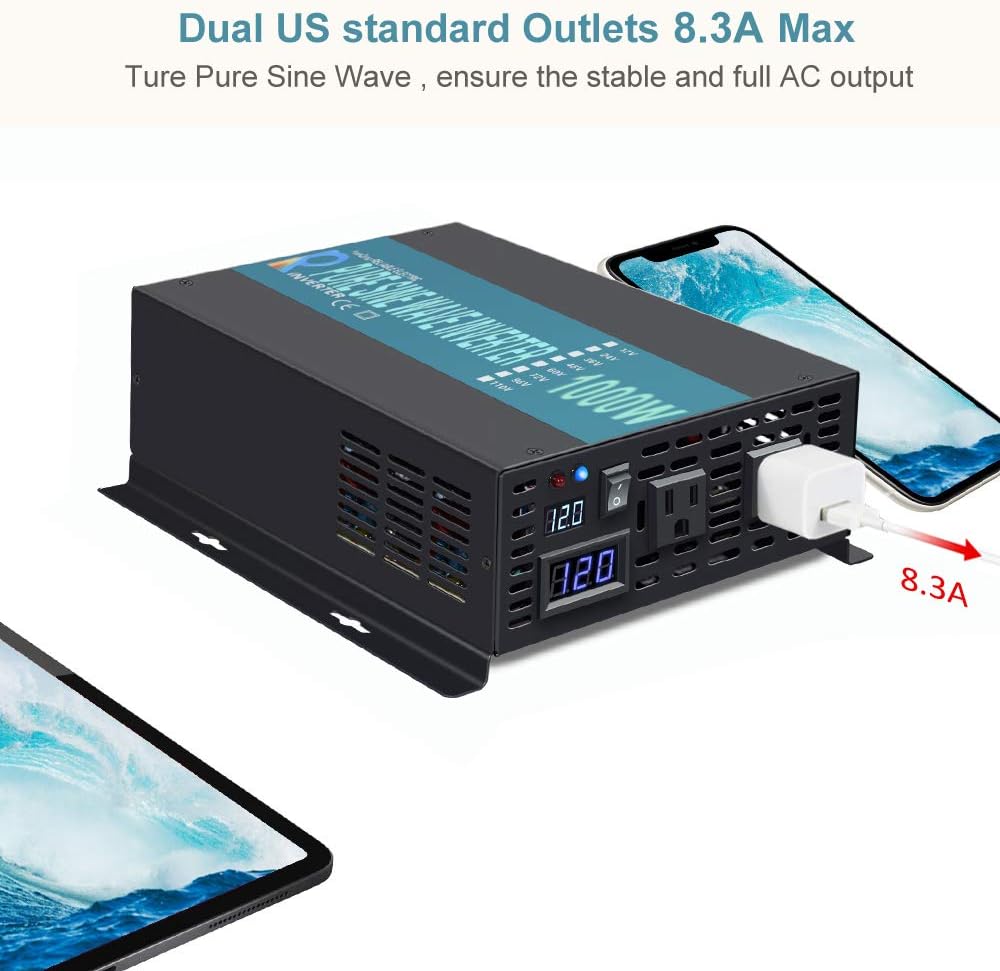 1000W Pure Sine Wave Car Power Inverter 12V DC to 120V AC with 2 AC Outlets E949380