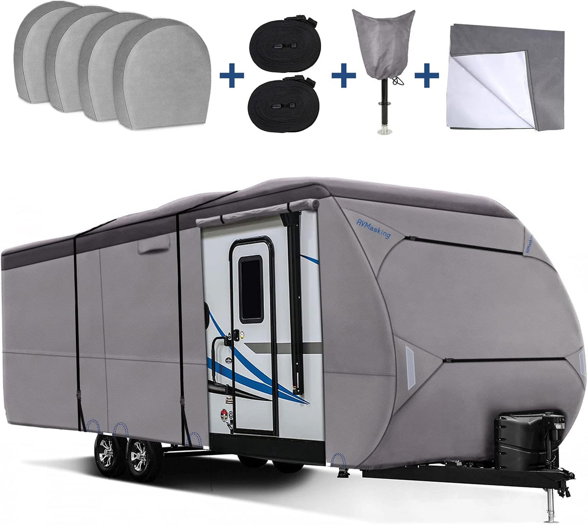 Upgraded Waterproof 500D Travel Trailer Cover with 4 Tire Covers, Tongue Jack Cover G934555