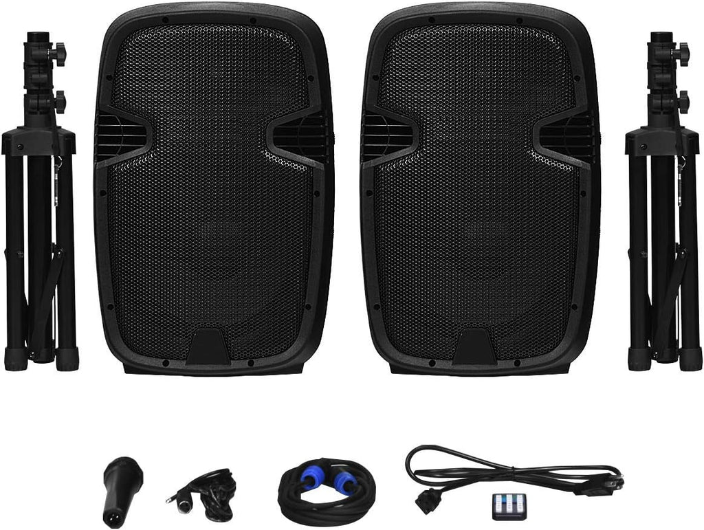 12 1600W Portable Dual Passive Active Speaker with 2 Speaker Stands V4785