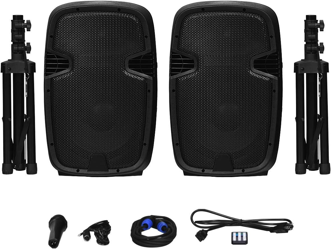 12 1600W Portable Dual Passive Active Speaker with 2 Speaker Stands V4785