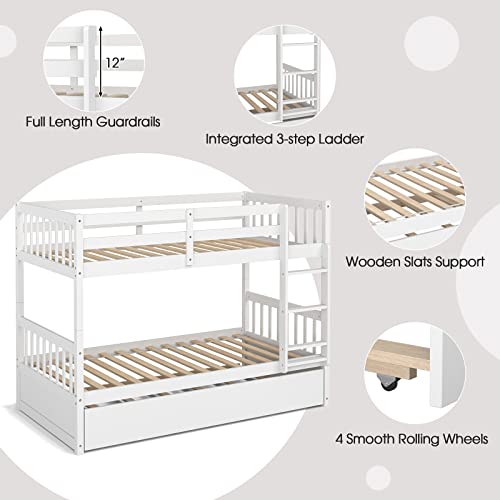 White Twin Over Twin Bunk Bed with Trundle T4839