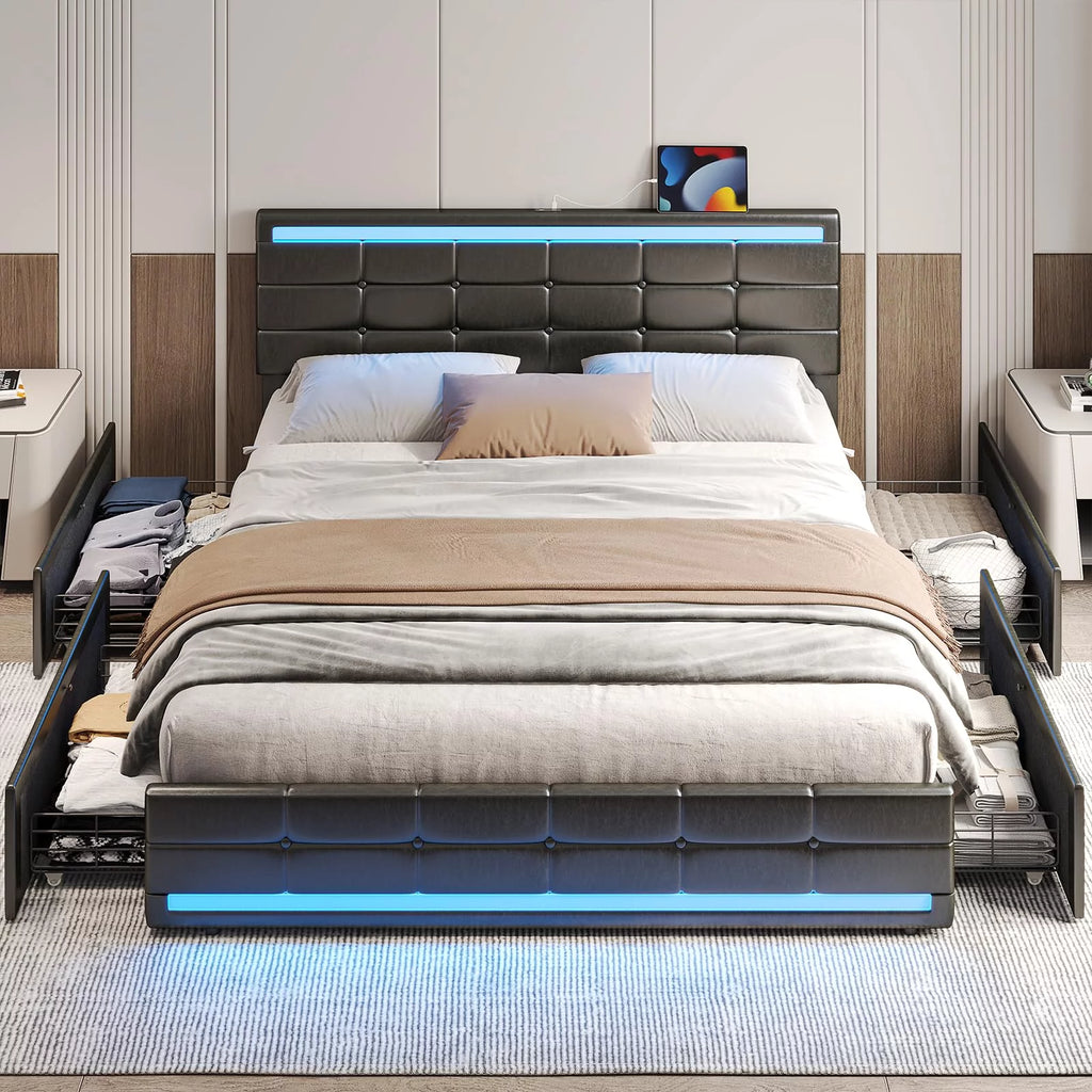 Black Full Leather Platform Bed with Storage Drawers Y61903