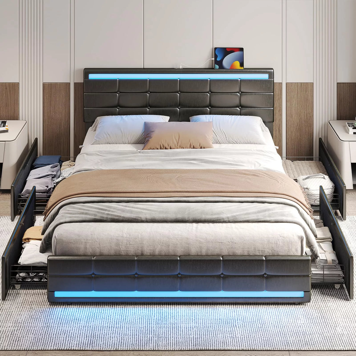 Black Full Leather Platform Bed with Storage Drawers Y61903