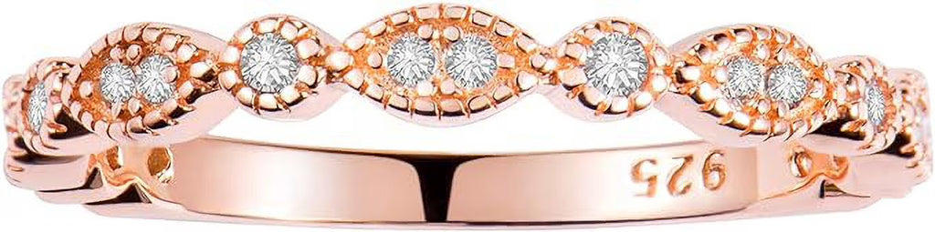 Milgrain Marquise & Round Cubic Zirconia Half Eternity Ring Sterling Silver 925 I374