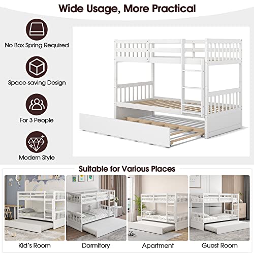 White Twin Over Twin Bunk Bed with Trundle T4839
