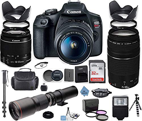 DSLR Camera with 18-55mm Lens and 75-300mm Lens and 500mm Preset Lens + 32GB Memory + Filters + Monopod Y439