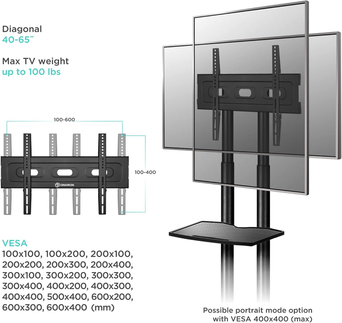 Mobile TV Stand for 40 to 65 Inch TV with Wheels Shelves N8725