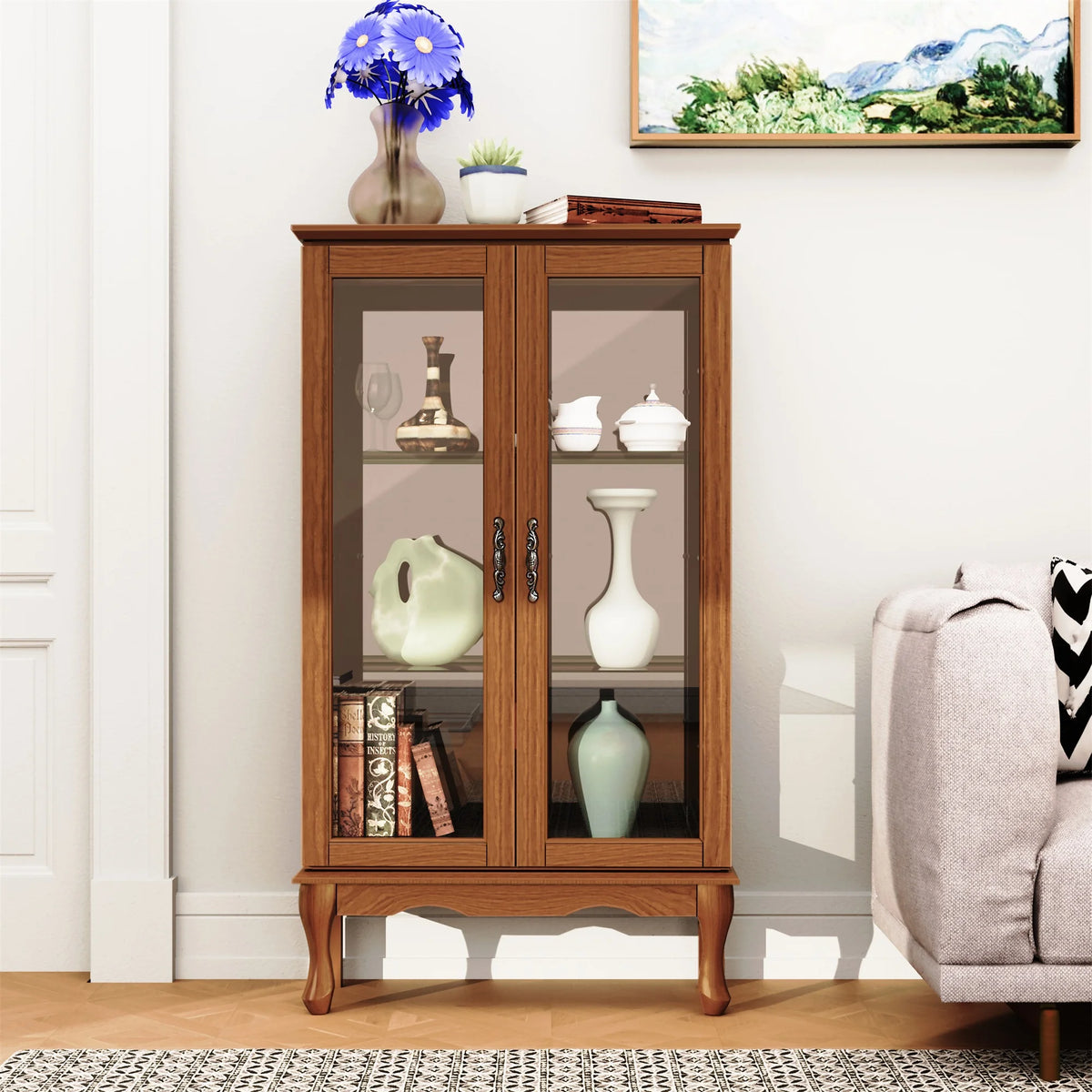 3 Tier Lighted Curio Display Cabinet with Adjustable Shelves and Tempered Glass Doors T340066