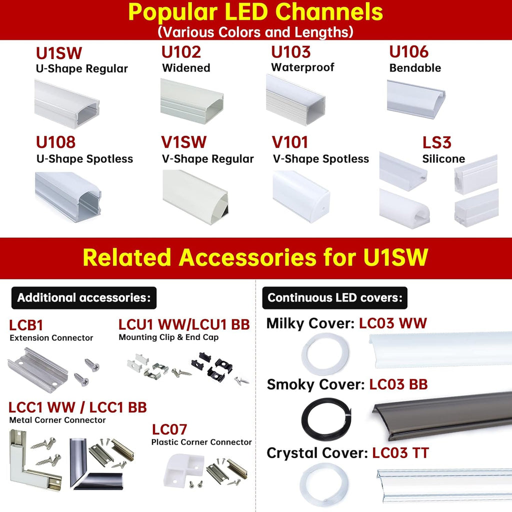 10Pack 6.6FT U Shape LED Aluminum Channel System with Clear Lens Cover I550