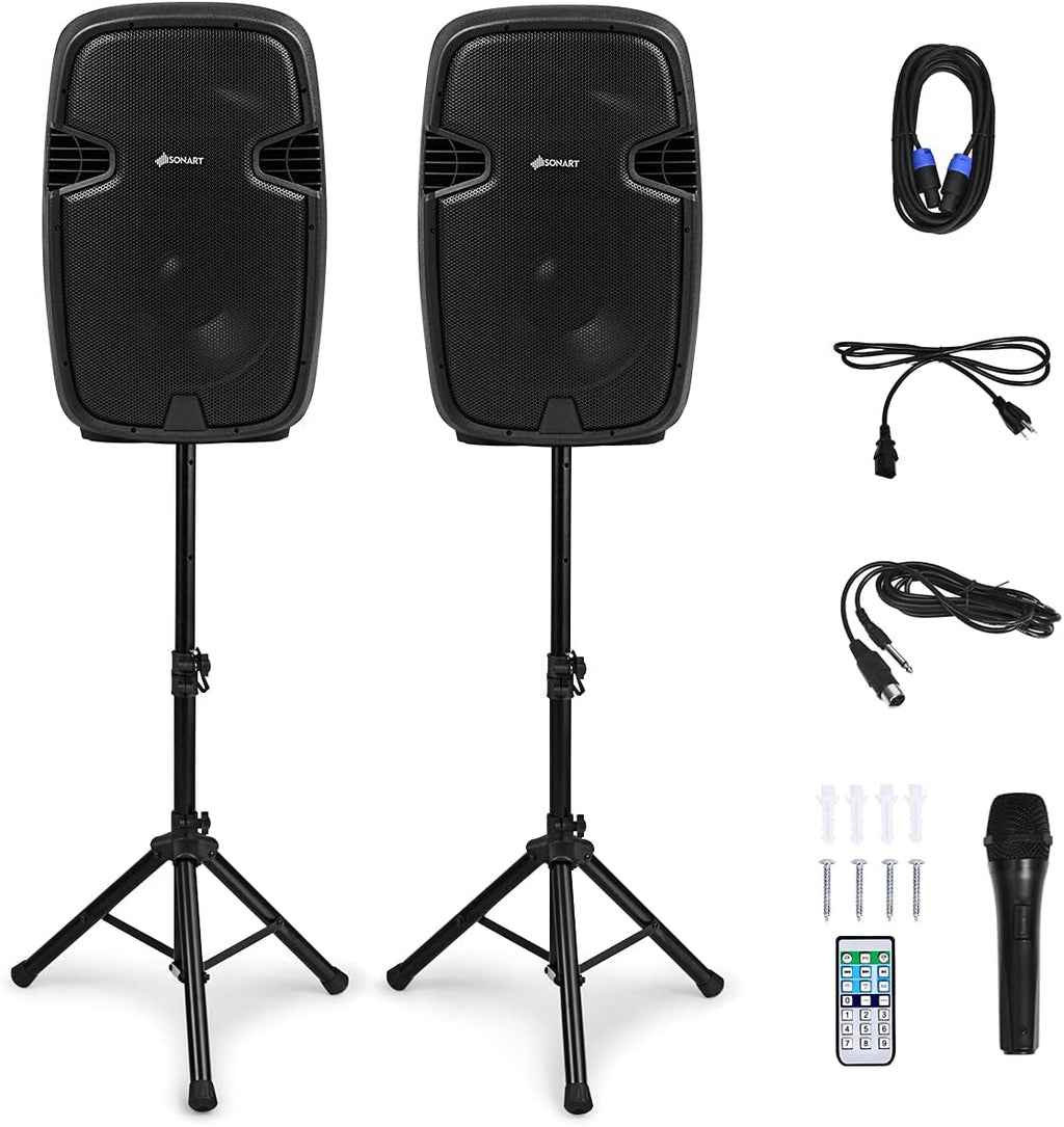 12 1600W Portable Dual Passive Active Speaker with 2 Speaker Stands V4785