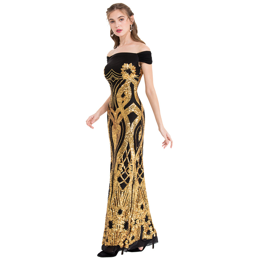 Gold Floral Pattern Sequins Sheath Long Evening Dress C29655