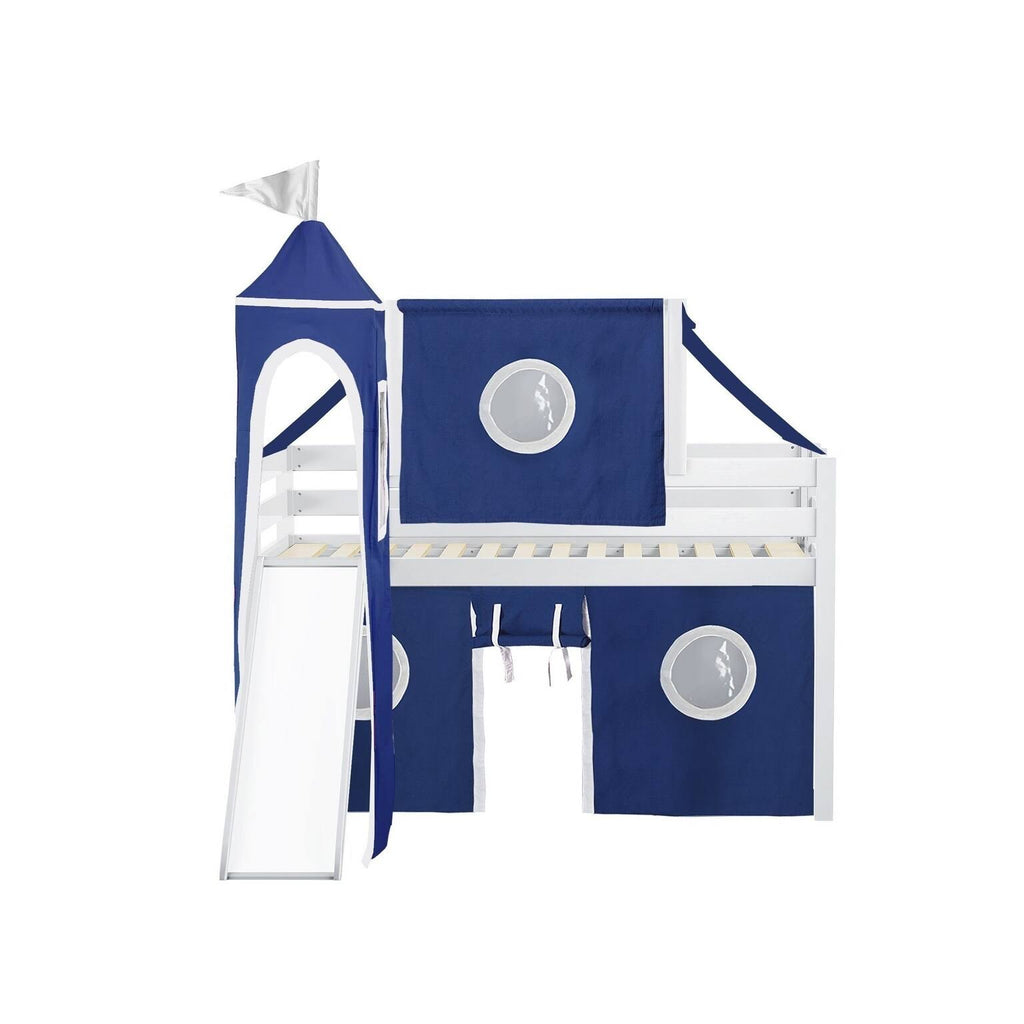 White Low Loft Twin Bed with Slide and Tent A5532