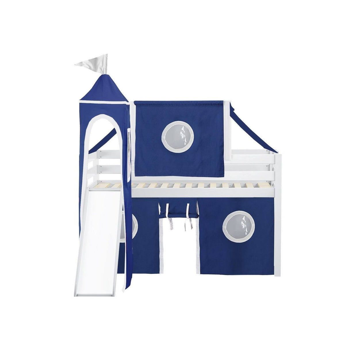 White Low Loft Twin Bed with Slide and Tent A5532