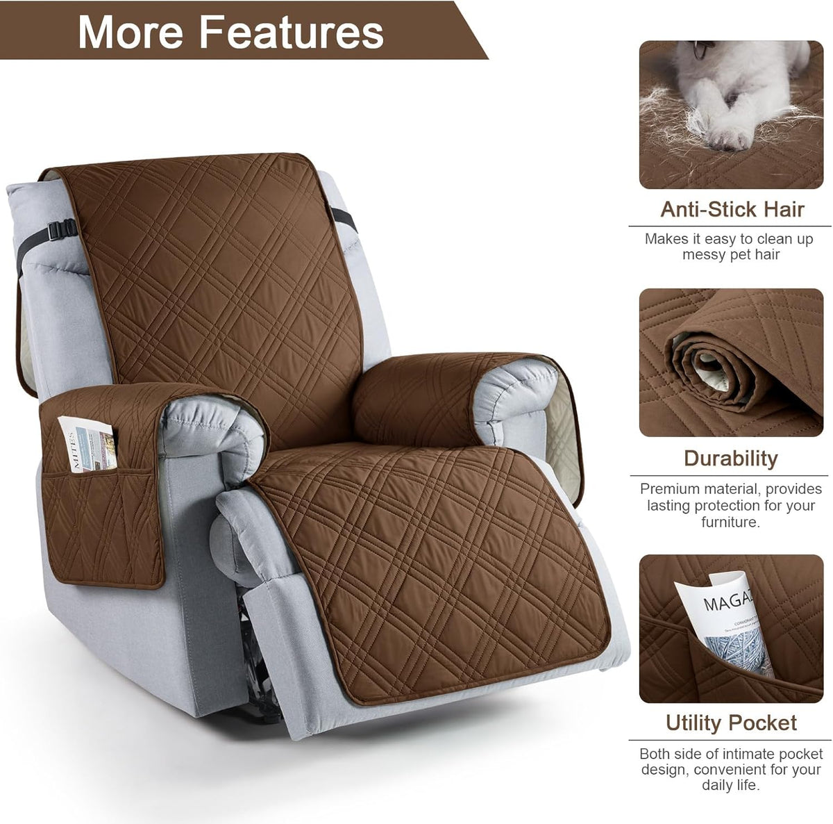 Brown Waterproof Non Slip Recliner Chair Cover with Pocket T861751