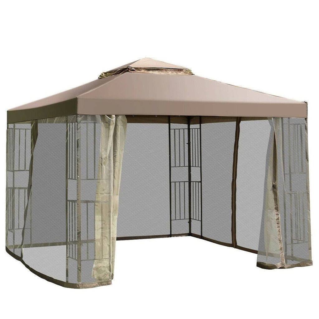 10 x 10 ft Outdoor Patio Gazebo with Taupe Brown Canopy and Mesh Sidewalls Y9595