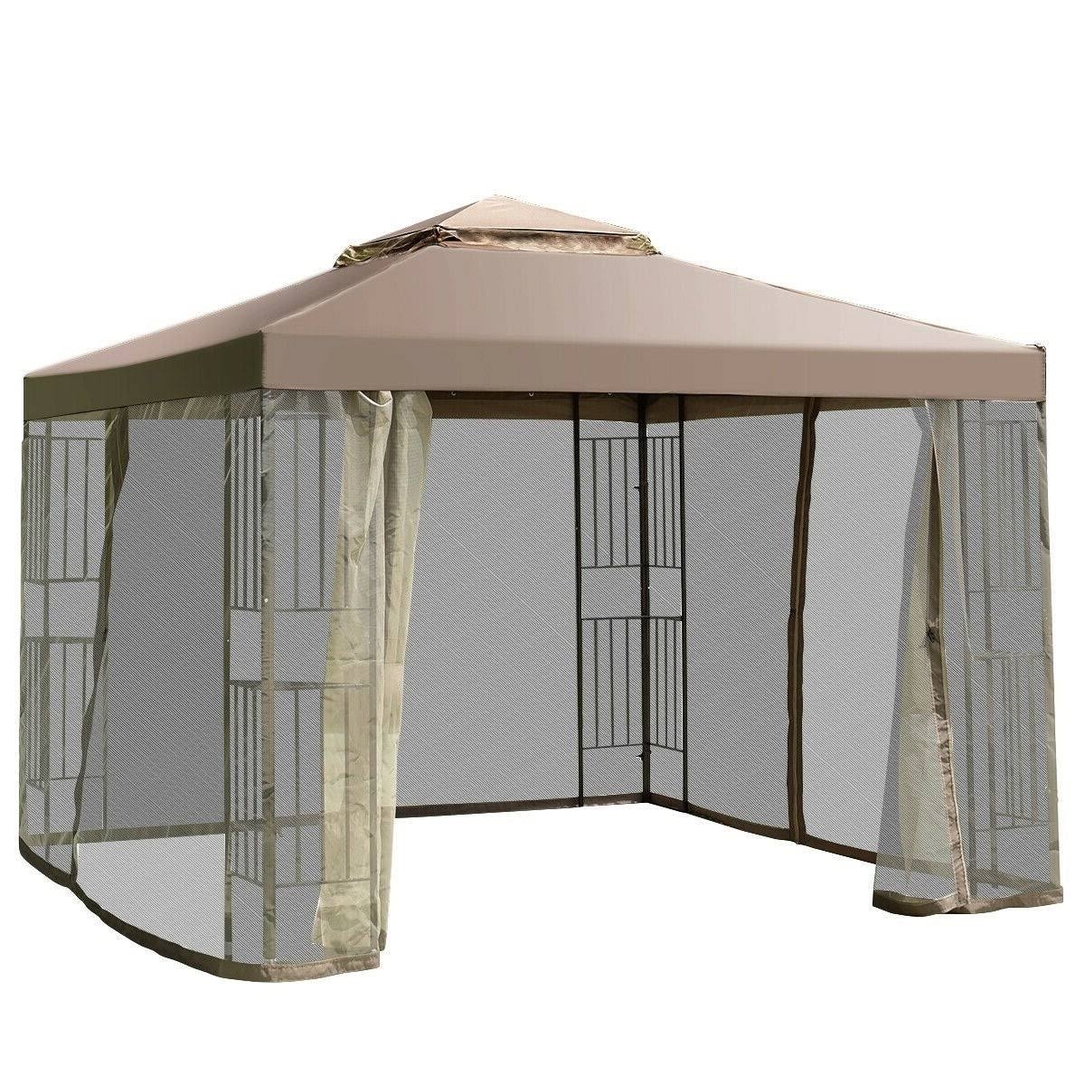 10 x 10 ft Outdoor Patio Gazebo with Taupe Brown Canopy and Mesh Sidewalls Y9595
