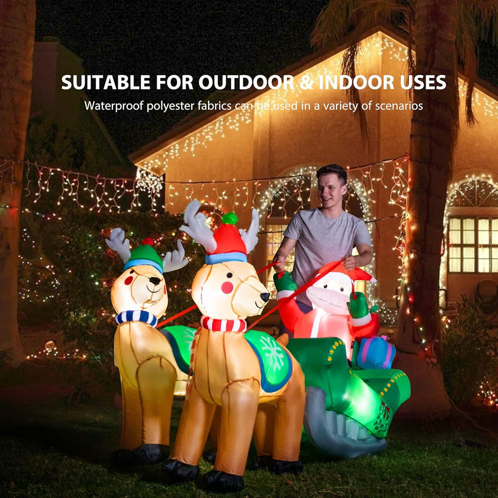 6.9ft Long Christmas Inflatable LED Lighted Santa on Green Sleigh with Reindeers and Gift Boxes Blow up Outdoor Yard Decoration B8555