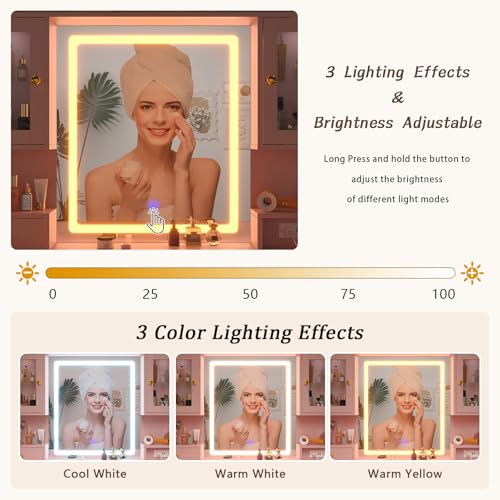 White Makeup Vanity Desk with Mirror and Lights, Large Vanity Table Set with Charging Station, Dressing Table with RGB Cabinets, 3 LED Lights Modes Y6151