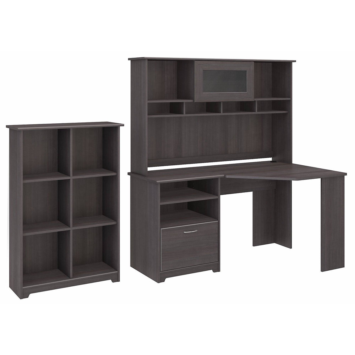 Heather Gray Corner Desk with Hutch and 6 Cube Organizer T7981