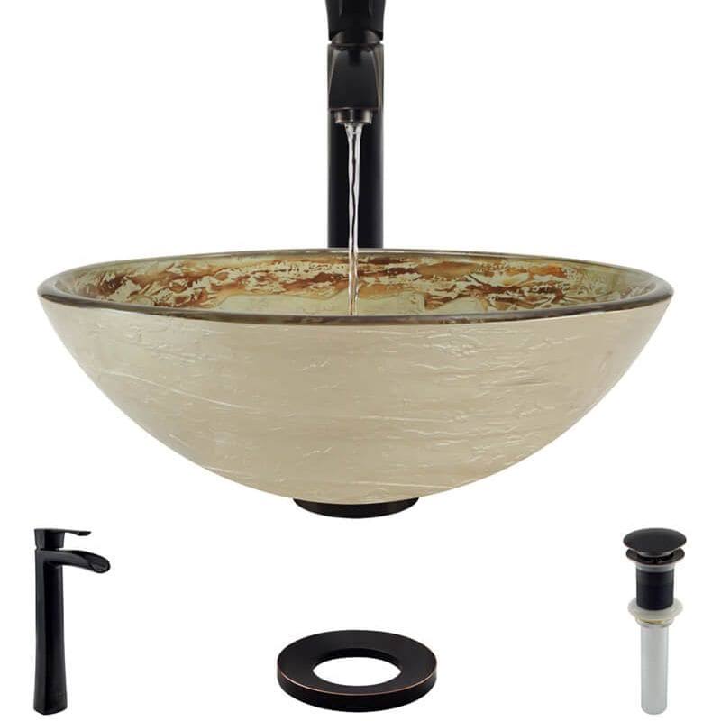 Glass Vessel Sink with Faucet, Sink Ring, and Pop-Up Drain L8464