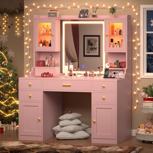 White Makeup Vanity Desk with Mirror and Lights, Large Vanity Table Set with Charging Station, Dressing Table with RGB Cabinets, 3 LED Lights Modes Y6151