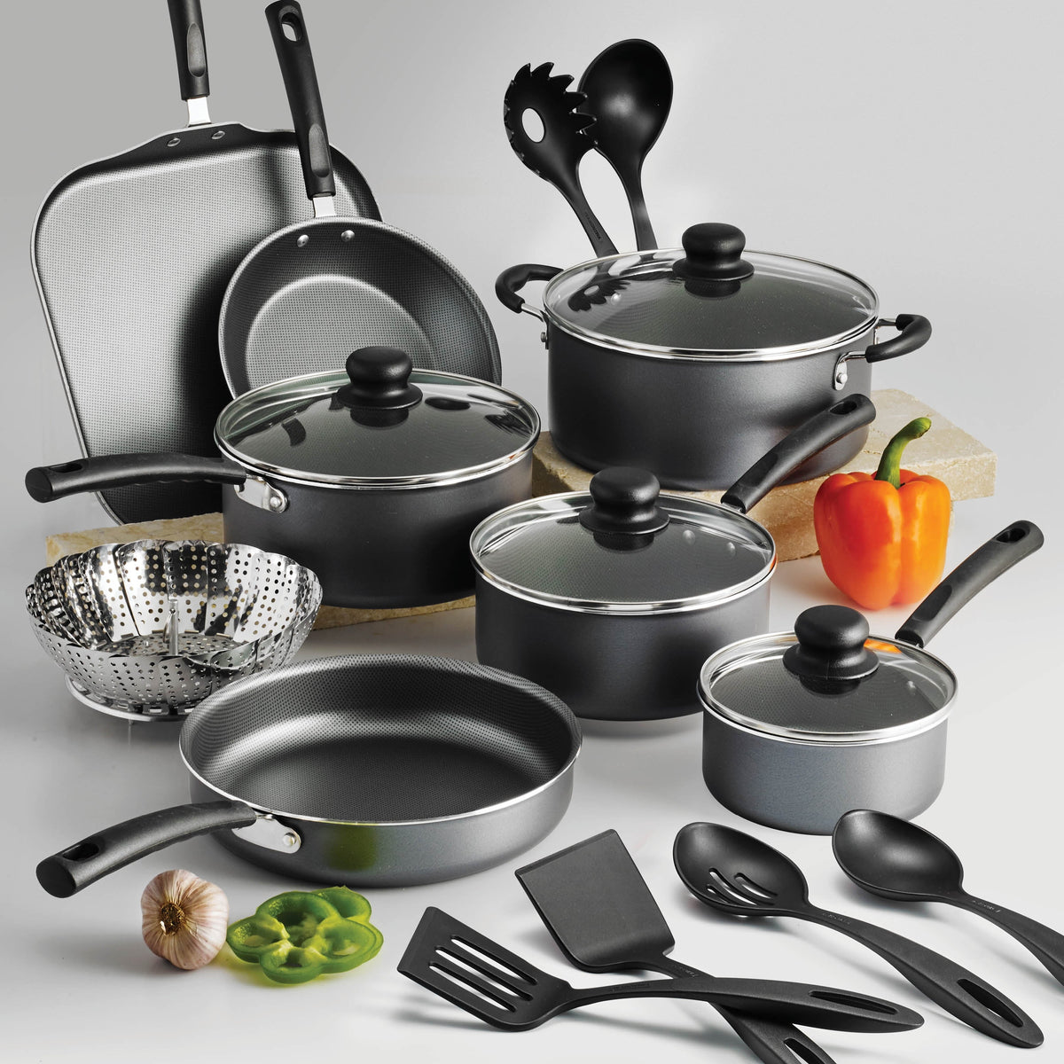 18 Piece Non-stick Cookware Set, Steel Gray X20825