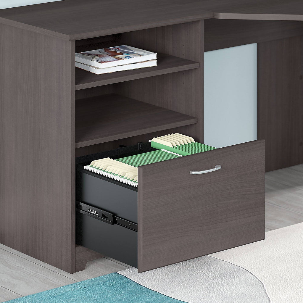 Heather Gray Corner Desk with Hutch and 6 Cube Organizer T7981