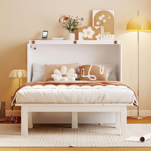 Full Size Murphy Bed with Desk, USB Port, and Shelves, White Wood Frame Z18160