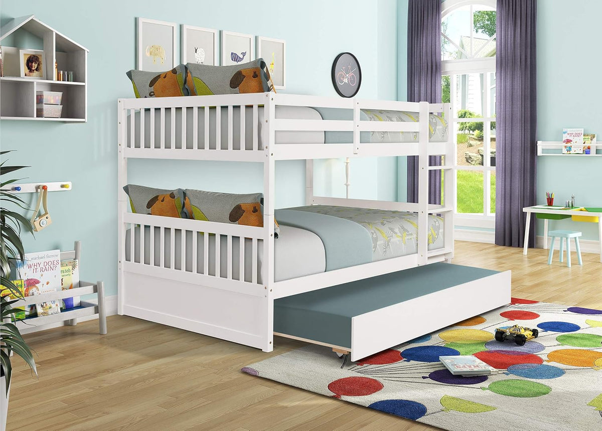 Full Over Full Pine Wood Bunk Bed with Trundle and Guardrail E1308