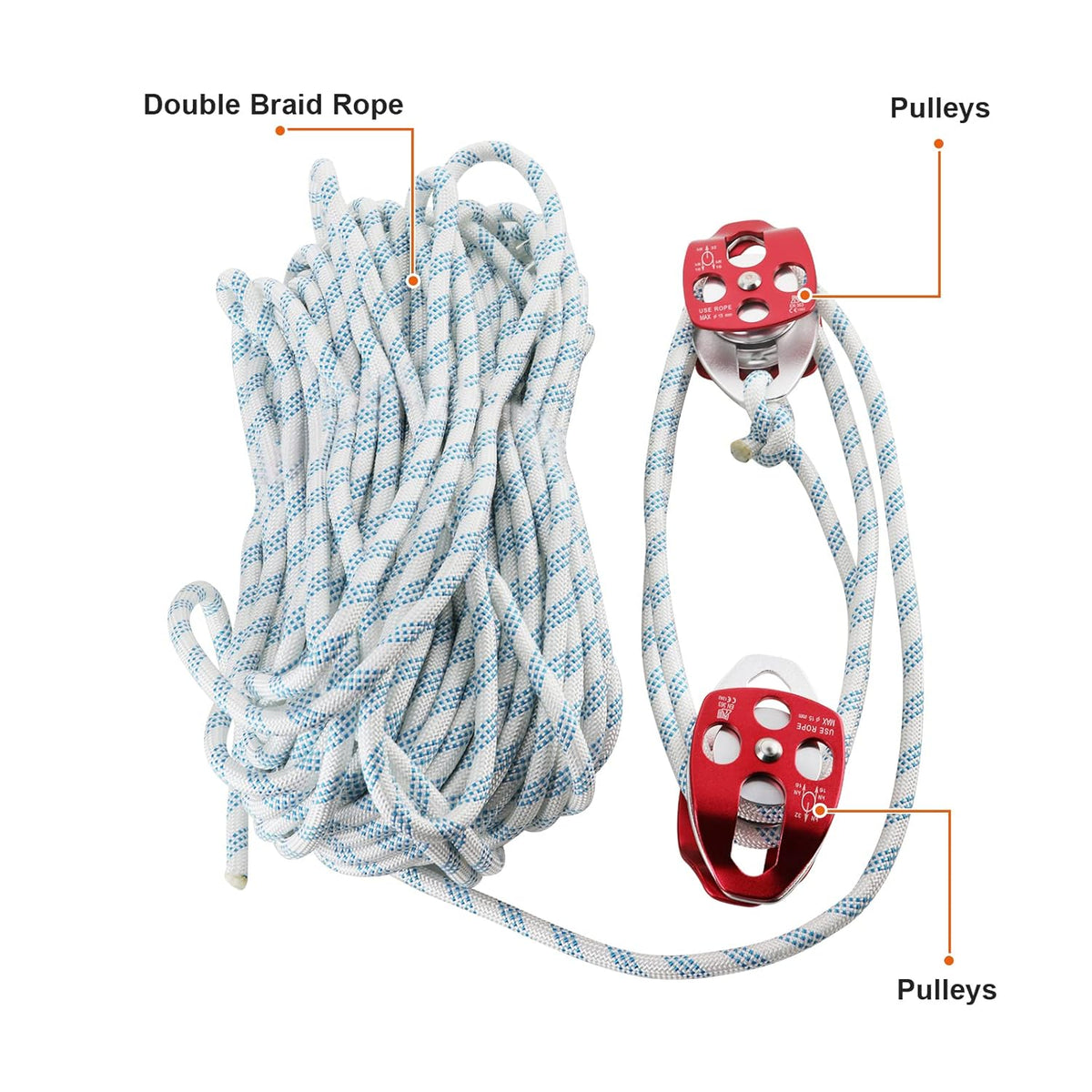 Twin Sheave Block and Tackle with Braid Rope 150Ft 30-35KN Capacity Double Pulley Rigging Rope J7042